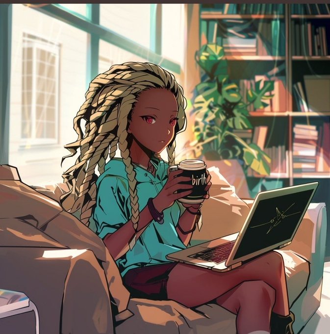 An anime-style illustration of a dark-skinned character with long blonde braided hair and red eyes, wearing a teal shirt and holding a coffee cup labeled 'birth' while sitting with a laptop on a couch in a sunlit room.