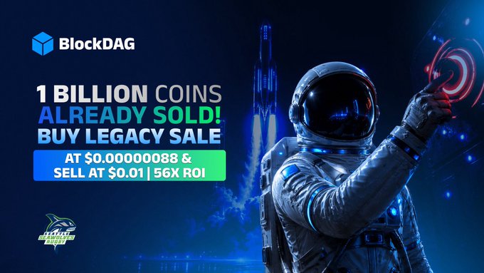 The image features a man wearing an astronaut suit, likely representing one of the space themes for the CoinDAG buyback program. The central text in the image reads "1 BILLION COINS ALREADY SOLD! Buy Legacy Sale at $0.00088 & Sell at $0.01". It is also accompanied by some text suggesting that the community has broken records and is achieving great success on the buyback program, which seems to have a focus around space themes.