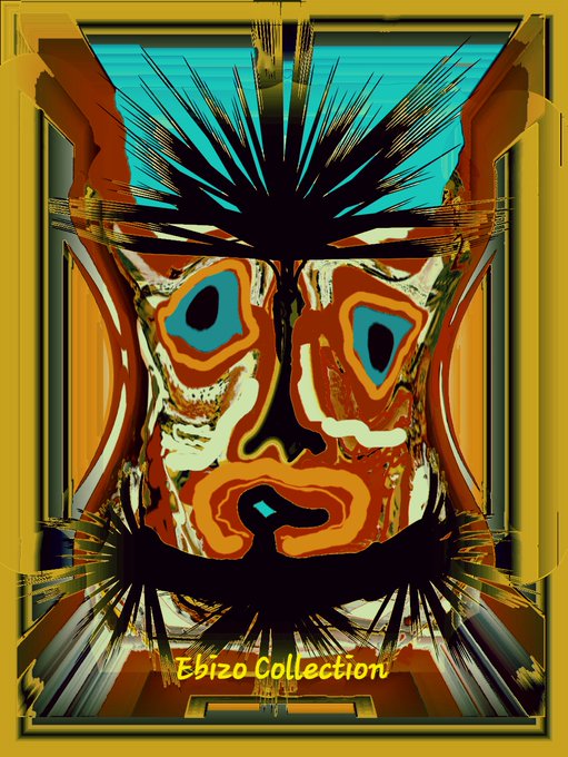 A vibrant abstract portrait featuring bold orange and blue hues with expressive features and a radiating black hair burst, framed by a decorative border. The text "Ebizo Collection" appears at the bottom, matching the caption's claim that this is an original 1/1 artwork from Artist Ebizo, distinct from AI-generated images.