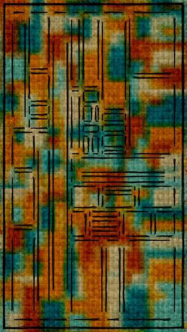 An abstract artwork featuring intersecting black lines over a textured background of teal, orange, and beige colors in a grid-like composition.