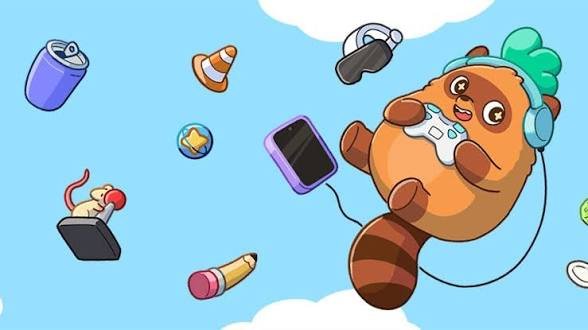 A cartoon illustration of a cute red panda character wearing blue headphones and a green hat, playing a handheld gaming device while floating among various items like a soda can, traffic cone, and controllers in a sky background.
