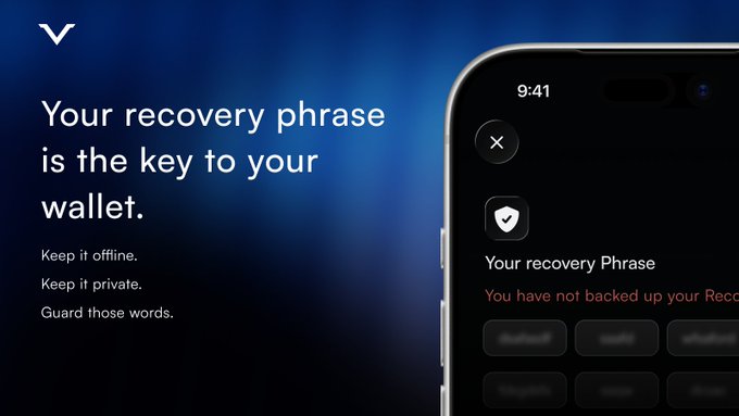The image promotes VESPR wallet with the message "Your recovery phrase is the key to your wallet," urging users to keep it offline, private, and secure. The accompanying tweet highlights that users can restore their Cardano wallets (including Ledger or Keystone) using their recovery phrase in VESPR, but if compromised, they should create a new wallet instead—reinforcing the image's emphasis on safeguarding recovery phrases.