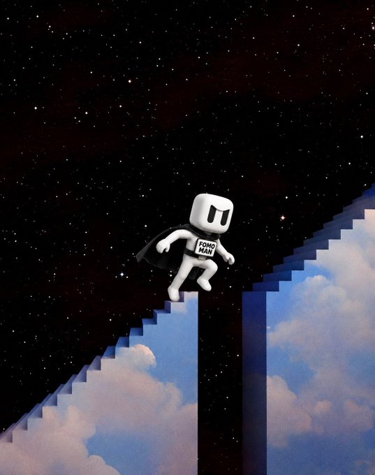 A whimsical digital illustration of a small white character wearing a black cape labeled 'FOMO MAN' climbing cloud stairs against a starry night sky.