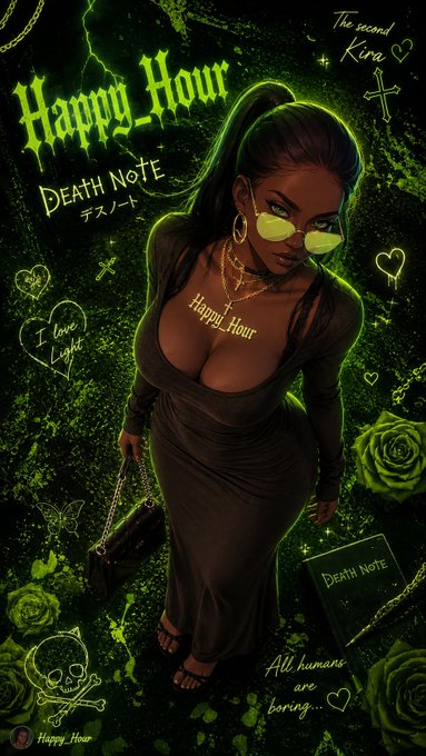 A stylized 'Happy_Hour' digital illustration/poster featuring a woman with sunglasses, green gothic text 'Happy_Hour', and 'DEATH NOTE' text and imagery on a dark green background.
