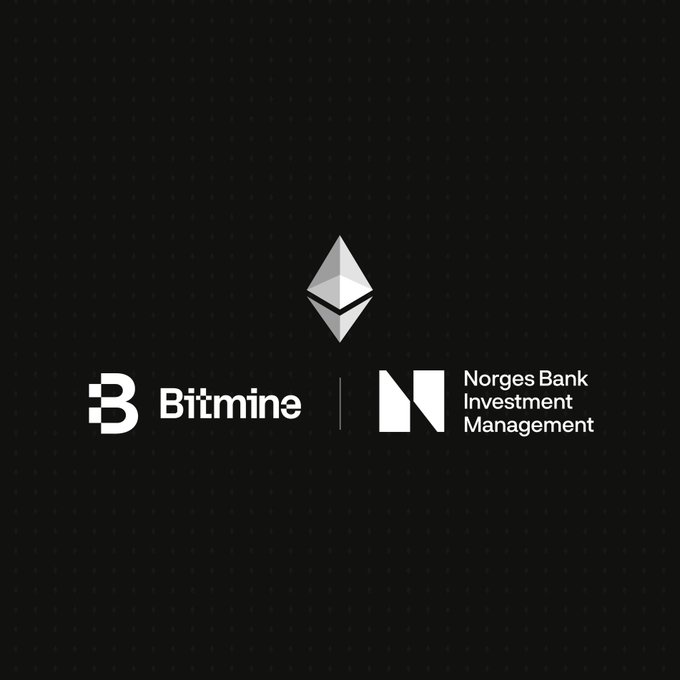The image displays the logos of Bitmine and Norges Bank Investment Management flanking the Ethereum (ETH) symbol, visually illustrating the post's message that Norway's sovereign wealth fund holds indirect exposure to Ethereum through its approximately $88M investment in BitMine Immersion Technologies (BMNR).