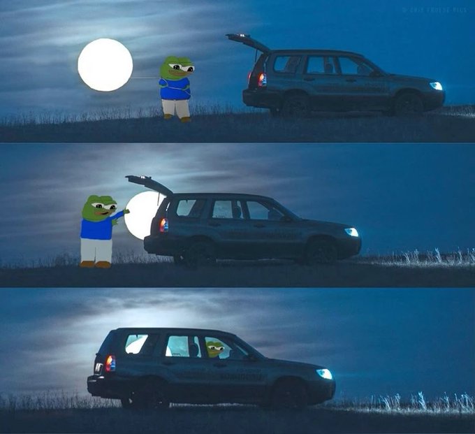 Three-panel meme featuring a Pepe character loading a glowing white orb into the back of an SUV at night, then driving away with the bright light visible through the windows.
