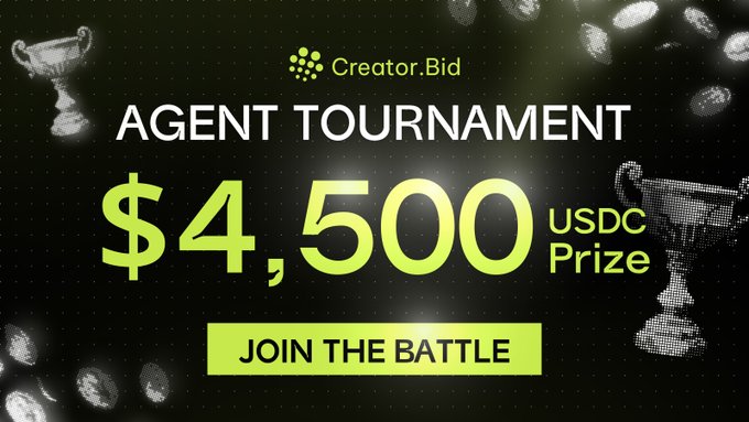 Promotional graphic for Creator.Bid's "Agent Tournament" featuring a $4,500 USDC prize pool, with a "Join the Battle" call-to-action button. The image complements the post by advertising the trading competition where users can earn $5 USDC referral bonuses for each signup.