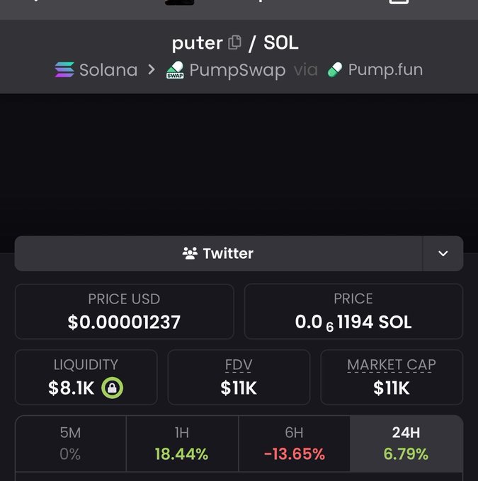 A crypto token page showing 'puter / SOL' via PumpSwap on Pump.fun, with a price of $0.00001237, FDV and market cap of $11K, and 24H change of 6.79%.