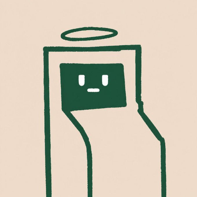 A simple green line drawing on a beige background depicting a character with a halo, a rectangular head, and a small smiling face.