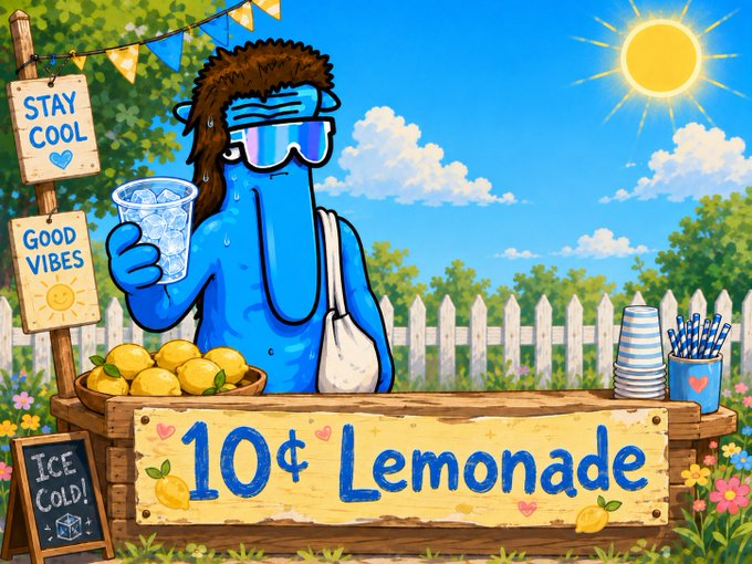A colorful cartoon illustration of a blue character sweating while holding a glass of lemonade at a '10¢ Lemonade' stand with signs reading 'Stay Cool' and 'Good Vibes.'