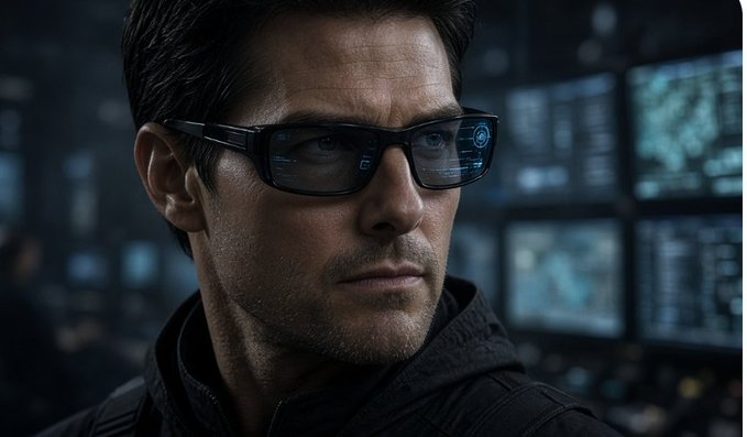 Close-up of a man (Tom Cruise as Ethan Hunt) wearing dark smart glasses with a digital heads-up display reflected in the lenses, set against a blurred background of multiple screens.