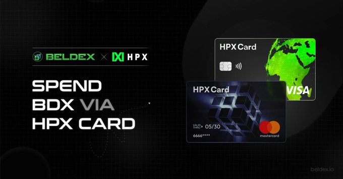 An advertisement for BELDEX and HPX featuring two 'HPX Card' credit cards (Visa and Mastercard) alongside the text 'SPEND BDX VIA HPX CARD'.