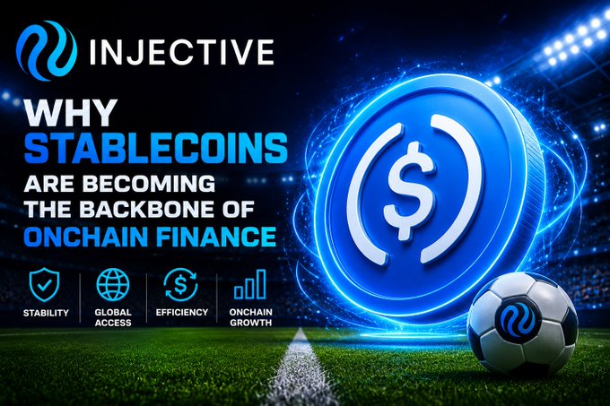 An Injective promotional graphic titled 'Why Stablecoins Are Becoming the Backbone of Onchain Finance,' highlighting stability, global access, efficiency, and onchain growth alongside a glowing dollar symbol.