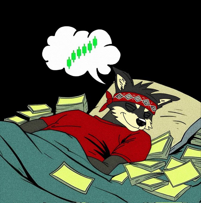 A cartoon illustration of a wolf character wearing a red bandana and lying on a bed surrounded by money, dreaming of a green stock chart trending upward in a thought bubble.