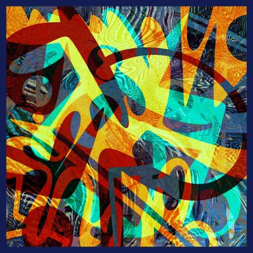 A vibrant abstract painting composed of overlapping brushstrokes in yellow, red, teal, and blue, featuring textured patterns and bold geometric shapes within a blue border.