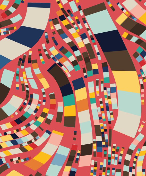 The image features a vibrant abstract design with a red background that has been composed of many different colored squares arranged in various patterns, creating an interesting visual effect. The colors used are predominantly red, blue, green, yellow, orange, pink, white, and brown. The design is displayed on a canvas or paper, suggesting it could be part of an art project or exhibition.