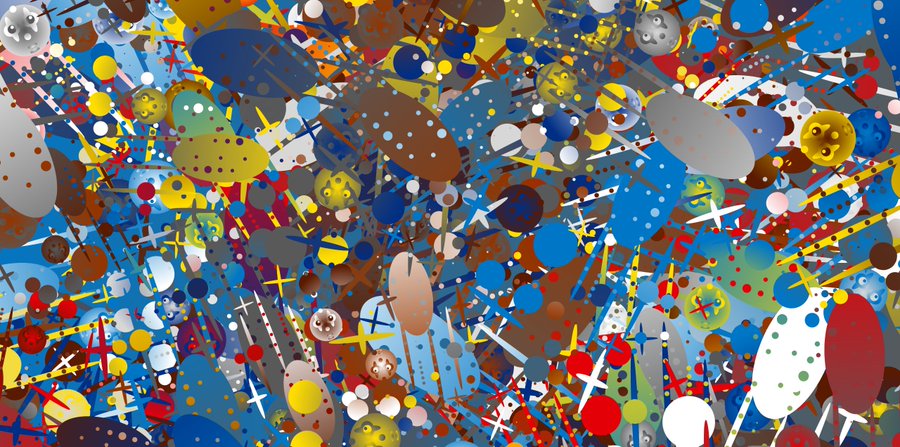 A vibrant abstract artwork filled with scattered colorful dots, ovals, and cross shapes in blues, yellows, reds, browns, and grays, creating a chaotic, layered composition.
