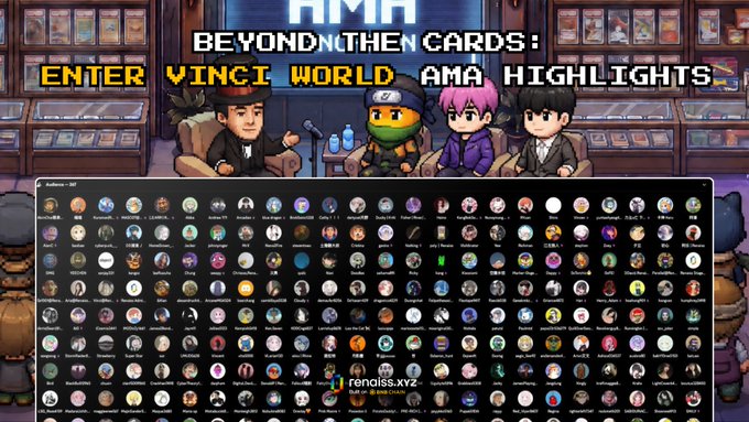 The image is a promotional thumbnail for a "Beyond the Cards: Enter Vinci World" AMA highlights stream, featuring four animated hosts—including a ninja turtle-like character—seated at a desk in a card shop setting. Below the hosts is a large roster of circular user avatars representing AMA attendees, with the Renaiss.xyz logo and "RENAISS protocol" branding visible at the bottom.