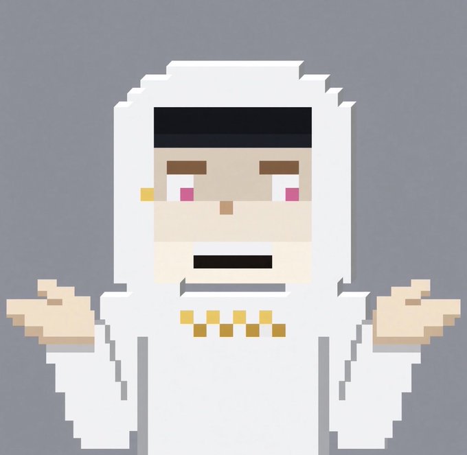 A pixel art character with white hair, a black headband, pink cheeks, and yellow eyes, wearing a white robe with arms outstretched against a gray background.