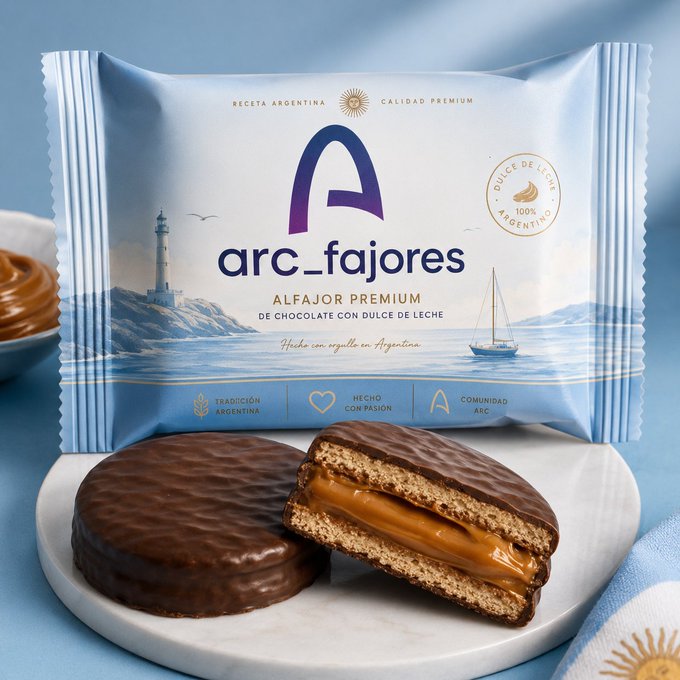 The image features a chocolate cookie with a filling inside, placed next to an open package of Arc-fajores cookies. The packaging for Arc-fajores cookies is blue and white, while the cookies are brown. The text on the packaging indicates that these cookies are made in Argentina and are premium quality. The post about Arc fajores cookies seems to be promoting a community focused on blockchain technology and dulce de leche, with an emphasis on stablecoins, AI agents, and onchain finance.