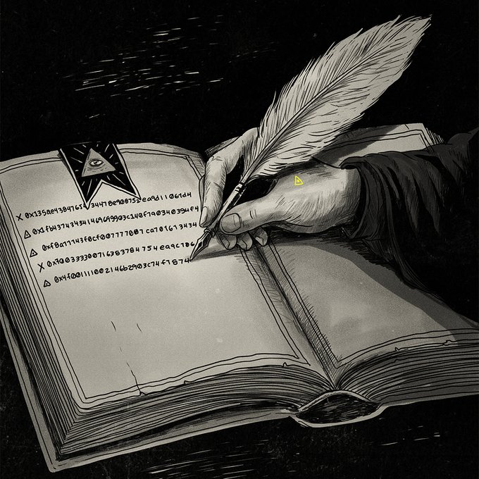 A black and white illustration of a hand holding a quill feather, writing in an ornate book with mysterious symbols and an all-seeing eye on the page, evoking the ritualistic inscription of names into the King's Ledger as referenced in the post.
