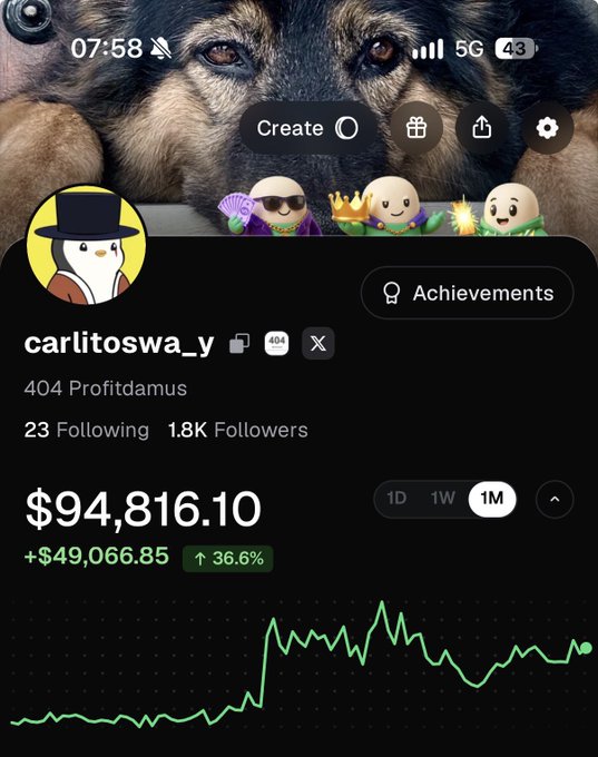 A mobile screenshot of the user "carlitoswa_y" on the Pump.fun app shows a profit of $94,816.10 (+$49,066.85, 36.6%) with a green performance graph displayed over a German Shepherd background, illustrating the new graph visibility feature mentioned in the post.