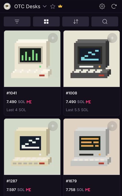 A screenshot of the "OTC Desks" page on MagicEden showing pixelated computer NFT listings priced between 7.490 SOL and 7.758 SOL, with the post highlighting the high total cost of 21+ SOL to mint one today and criticizing the platform's pricing and Phantom wallet issues.