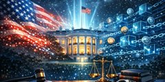 A blurred, impressionistic painting depicting what appears to be a tall building or monument at night with American flags and a glowing light source, rendered with soft, swirling brushstrokes in blue, red, and gold tones.