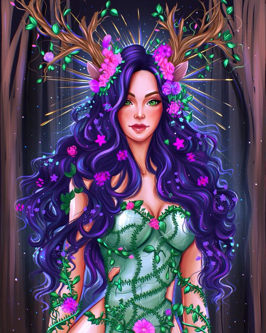 A striking hand-drawn illustration of a mystical forest deity with flowing violet hair adorned with vibrant flowers, flourishing green leaves, and majestic antlers, embodying the essence of nature's heart.