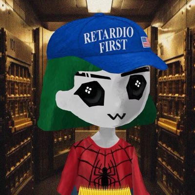 A digital illustration of a cartoon character with green hair wearing a Spider-Man suit and a blue cap reading 'RETARDIO FIRST' with a US flag patch, set against a server room background.