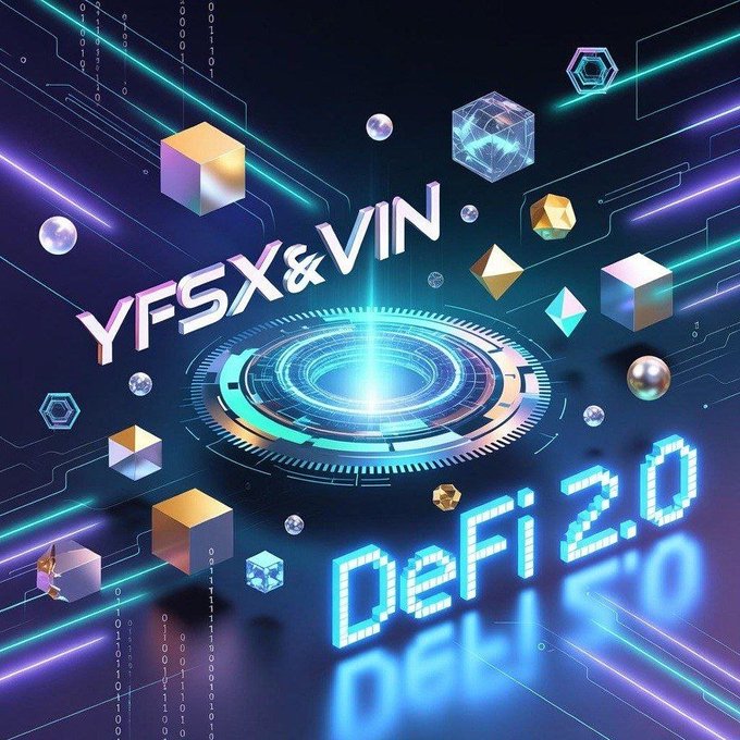 A futuristic digital composition features floating geometric shapes and circuit-like patterns around a glowing central portal, with the text "YFSX&VIN" and "DeFi 2.0" prominently displayed in neon-style lettering, visually reinforcing the post's emphasis on the longevity and technological foundation of the $YFSX and $VIN DeFi ecosystem.