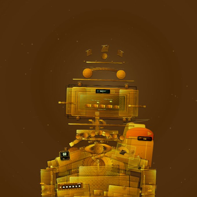 A whimsical digital illustration of a small mechanical contraption or robot built from various objects and screens, rendered in warm golden tones.