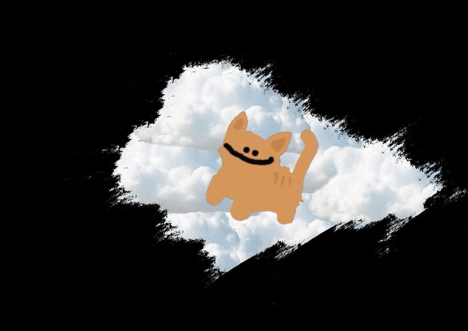 A stylized graphic of an orange cartoon cat with a wide grin set against a backdrop of fluffy white clouds within a black brushstroke frame.