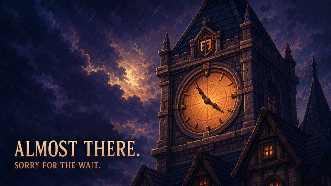 A dramatic gothic clock tower at dusk displays the text "ALMOST THERE. SORRY FOR THE WAIT." alongside the FlockFall (FJ) emblem, symbolizing the project's decision to delay its launch to safeguard the game from extreme Robinhood gas spikes.

The image visually reinforces the post's message—the clock represents the unexpected time extension required, while the ominous stormy sky mirrors the volatile gas conditions that forced developers to prioritize protecting the game over sticking to the original schedule.