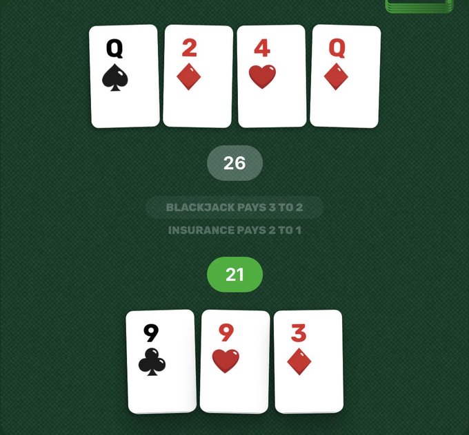 A digital blackjack game displays a hand of 26 (Queen of Spades, 2 of Diamonds, 4 of Hearts, Queen of Diamonds) against a dealer's hand of 21 (9 of Clubs, 9 of Hearts, 3 of Diamonds), with text reading "BLACKJACK PAYS 3 TO 2" and "INSURANCE PAYS 2 TO 1." The image perfectly illustrates the post's plea for luck, as the player has drawn an improbable winning hand despite the dreaded bust total of 26.