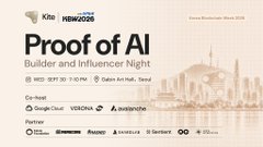 A conference poster for "Proof of AI: Builder and Influencer Night" at KBW 2026 in Seoul, dated Wednesday, March 11, 2026, listing co-hosts Google Cloud, VESSLA AI, and Analysys Mason, along with various partners and speakers from 18:30–22:30. The image promotes the event featured in the post, where attendees can experience an unplanned Seoul adventure powered by the Kite Agent Passport.