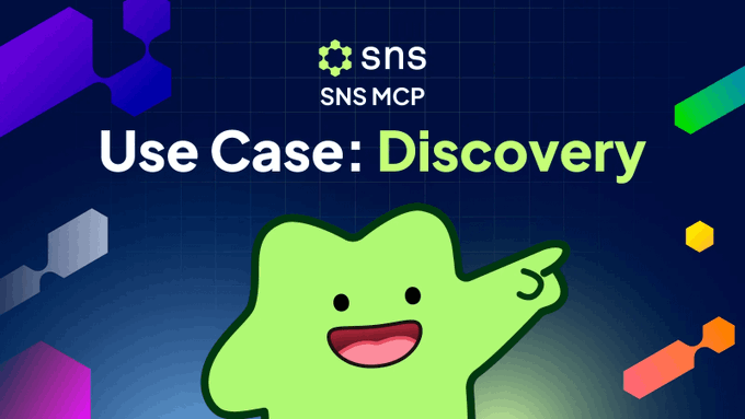 Promotional graphic with a green cartoon character pointing, displaying 'sns SNS MCP' and 'Use Case: Discovery' on a dark blue geometric background.