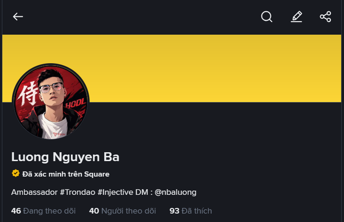 A social media profile page (appears to be Square/X/Twitter) for 'Luong Nguyen Ba', described as an Ambassador for Trondao and Injective, with a profile photo of a young man wearing glasses and a leather jacket.