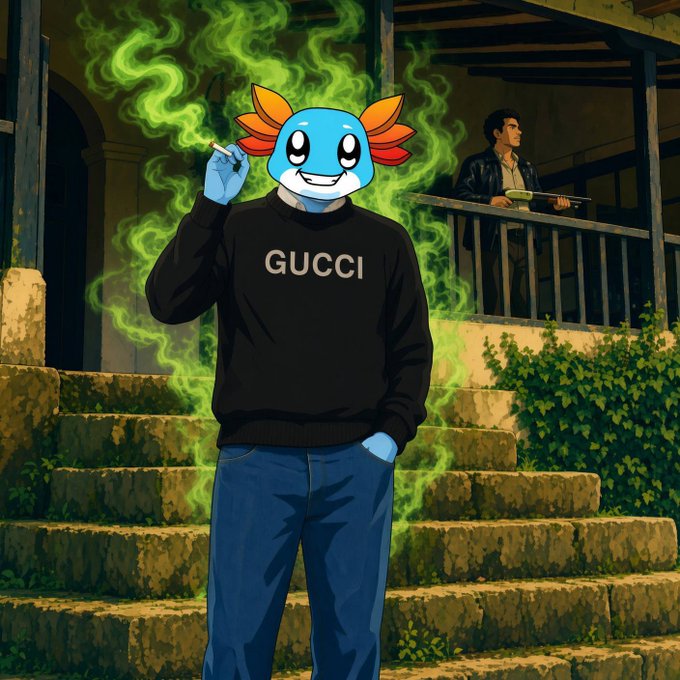 An anime-style illustration of a blue axolotl-headed character wearing a black 'GUCCI' sweatshirt and smoking a cigarette emitting green smoke, standing on stone steps with another character watching from a balcony.