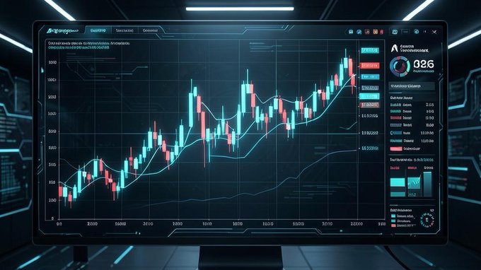 A futuristic digital trading dashboard displaying a colorful candlestick chart with blue and red bars, technical indicators, and data panels, displayed on a monitor with a sci-fi interface.
