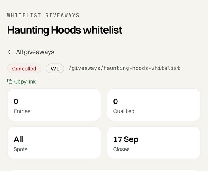 The image shows a giveaway dashboard for "Haunting Hoods whitelist" marked as "Cancelled" with 0 entries, 0 qualified participants, all spots available, and a closing date of 17 Sep. It illustrates the user's situation: a raffle that closed without any entries because the link was never shared.