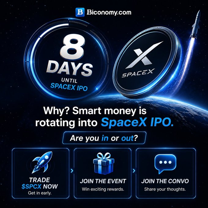 The image features a promotional poster for Bitcoin that focuses on the upcoming Bitcoin 8 Days until SpaceX IPO, with two circles representing each coin and an illustration of a rocket and a gift box below them. The background shows a blue space background with a rocket flying into space. The poster displays the title "Why?" along with three sub-headings about smart money is rotating into SpaceX ICO (Ultimate chance to get rich), Trade $SPCX now, and join the event for win early rewards.