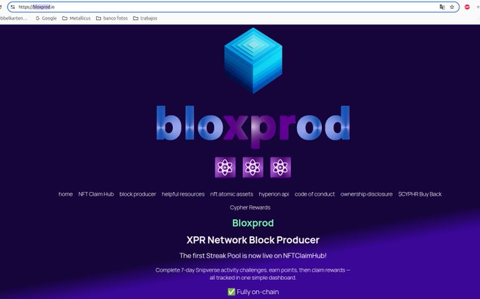 The image shows a website called Bloxprod. It features a blue cube logo at the top, which represents the company's name. The website has a purple background with white text that reads "Bloxprod" and "XPR works thanks to Block Producers". There is also information about the XPR network and how it works, as well as details on Bloxprod and its role in the network.