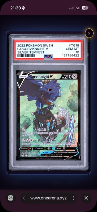 A smartphone screenshot displaying a graded PSA 10 2022 Pokémon SWSH Corviknight V card (#TG18/SV:FA) from the Silver Tempest set, shown on the website onearena.xyz.