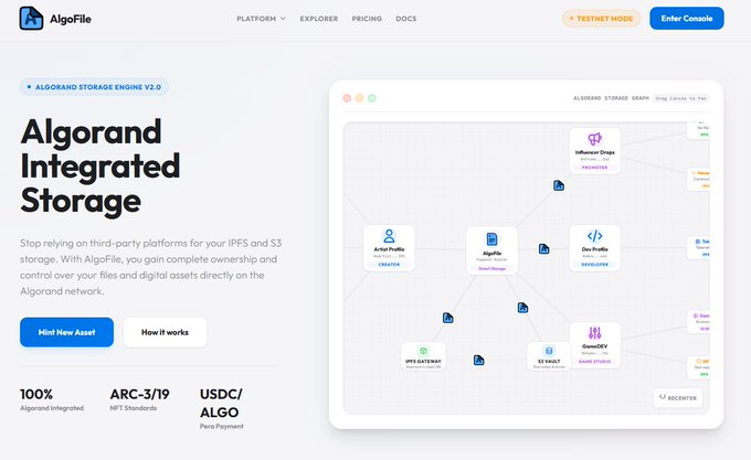 AlgoFile website homepage advertising 'Algorand Integrated Storage' with features like IPFS Gateway, S3 Vault, and GameDev Kit.