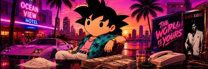 An anime-style character sits surrounded by stacks of cash, a rotary phone, and a pink sports car against a vibrant Miami Vice-style sunset, with billboards reading "OCEAN VIEW HOTEL," "THE WORLD ISYOURS," and "ALPACINO SCARFACE," symbolizing the lavish lifestyle the post promises to 2 random winners of 0.5 SOL.