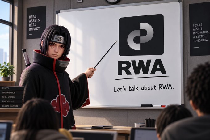 An AI-generated image showing Itachi from Naruto in his Akatsuki robe pointing at a whiteboard that reads "RWA - Let's talk about RWA."