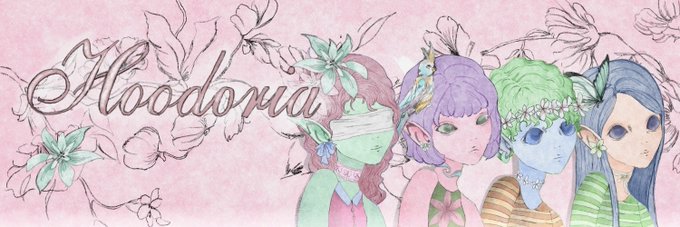 A whimsical pink-toned illustration features four stylized characters with flower crowns alongside the cursive text 'Hoodopia'.
