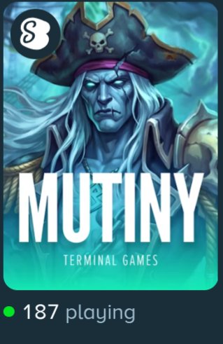 A promotional graphic for the Stake-exclusive game "Mutiny" by Terminal Games, featuring a ghostly pirate captain with a skull-adorned hat and glowing eyes, showing "187 playing" on the platform. The image ties to a giveaway post offering a mystery spin on this newly released pirate-themed gambling game.