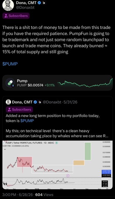 A Twitter/X post by @Donaxbt discussing the PumpFun token ($PUMP) and its trade-to-earn potential, featuring a price chart showing PUMP at $0.00574.